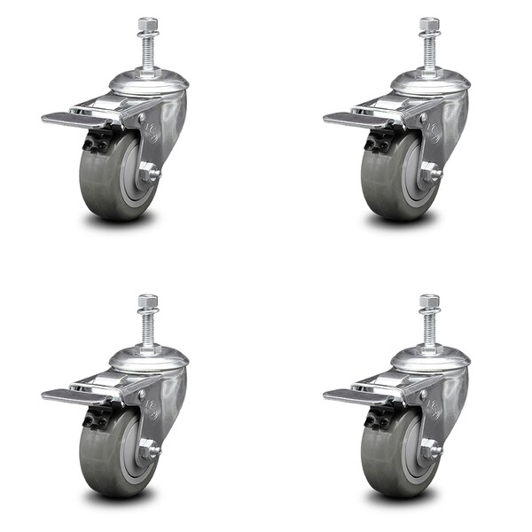 Service Caster 3 Inch Gray Polyurethane Swivel 10mm Stem Caster Set with Total Lock Brake SCC-TSTTL20S314-PPUB-M1015-4 - main